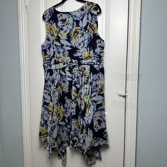 Flowy Floral Dress Womens 20W Blue A Line Fully Lined V Neck Plus Size Colorful - Picture 6 of 9
